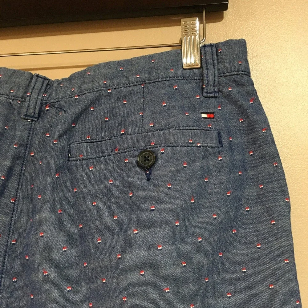 Tommy Hilfiger Logo Print Chino Shorts Mens 30 Blue Chambray‎ Nautical Preppy